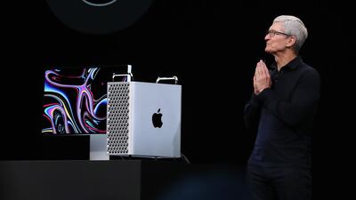 Apple CEO Tim Cook announces the new Mac Pro as he delivers the keynote address. Getty Images