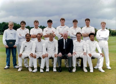 Lalchand Rajput (front row, first left) lines up with his Strathmore Cricket Club teammates during his time playing in Scotland. Photo: Richard Miller