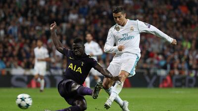 Tottenham defender Davinson Sanchez, left, was tasked with keeping Real Madrid forward Cristiano Ronaldo in check during their recent Champions League encounter. Sergio Perez / Reuters