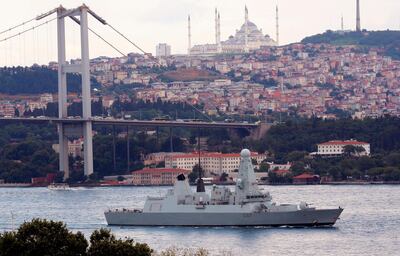 British Royal Navy destroyer HMS Duncan (D37) sails in the Bosphorus, on its way to the Mediterranean Sea, in Istanbul, Turkey, July 12, 2019. REUTERS