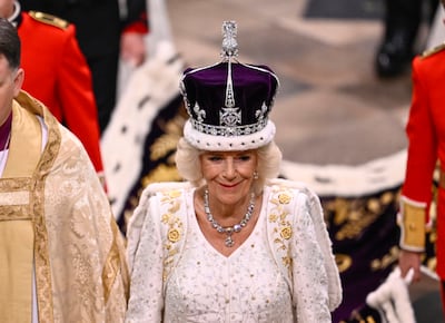 Queen Camilla leaves Westminster Abbey. Gareth Cattermole / Pool Photo via AP