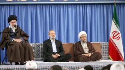 Iranian supreme leader Ayatollah Ali Khamenei (left) delivering a speech today calling the US, UK and France 'criminals', after the three countries bombed multiple government targets in Syria in an operation targeting alleged chemical weapons sites. EPA/Iranian leader office handout