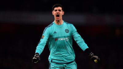 Chelsea keeper Thibaut Courtois celebrates Diego Costa’s goal on Sunday against Arsenal. Shaun Botterill / Getty Images