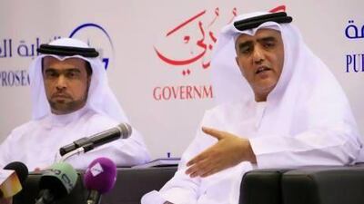 Essam Al Humaidan, Dubai attorney general, speaks in June last year on the Wadeema case. To his left is Khalifa Bin Deemas, the advocate general. Antonie Robertson / The National