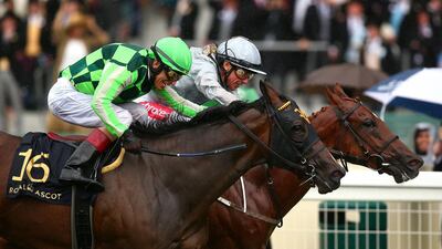 Frankie Dettori rides Raffle Prize to win The Queen Mary Stakes ahead of John Velazquez on Kimari. Getty Images
