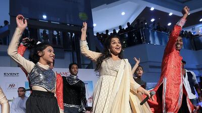 The Bollywood actress Vidya Balan, centre, dances during the promotion of her new film Bobby Jasoos. Satish Kumar / The National