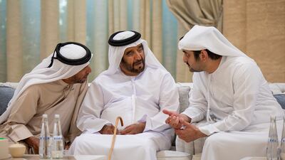 Sheikh Maktoum bin Mohammed, Deputy Prime Minister and Minister of Finance and First Deputy Ruler of Dubai, offers condolences to Sheikh Saif bin Mohammed and Sheikh Suroor bin Mohammed on the passing of Sheikh Tahnoon bin Mohammed, Ruler's Representative in Al Ain Region, at Al Mushrif Palace. Ryan Carter / UAE Presidential Court