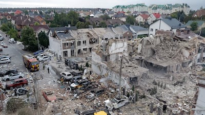 Heavy machinery is used to clear rubble from a residential area hit by Russian strikes on Kyiv, Ukraine. EPA