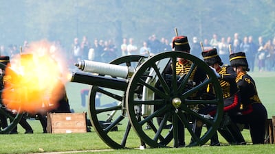 The King's Troop Royal Horse Artillery fire one of the 41 guns at Hyde Park. PA
