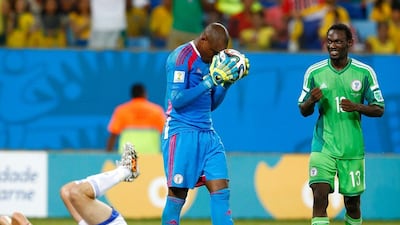 Vincent Enyeama of Nigeria reacts at the end of their win over Bosnia on Sunday at the 2014 World Cup. Matthew Lewis / Getty Images / June 21, 2014