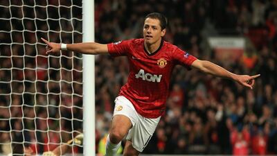 Javier Hernandez shown after scoring a goal in a Champions League match with Manchester United in 2012. Richard Heathcote / Getty Images