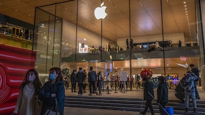 An Apple store in Beijing, China. The company hit the $1 trillion market cap in August 2018 and reached the $2tn mark in August last year. EPA