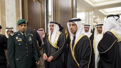 Lt General Sheikh Saif bin Zayed Al Nahyan, Deputy Prime Minister and Minister of Interior, second left, Sheikh Mansour bin Zayed Al Nahyan, Deputy Prime Minister and Minister of Presidential Affairs, third left, Sheikh Abdullah, Minister of Foreign Affairs, back second right, and Sheikh Hamed bin Zayed Al Nahyan, Chairman of Crown Prince Court - Abu Dhabi and Executive Council Member, back right, offer condolences. Rashed Al Mansoori / Crown Prince Court - Abu Dhabi