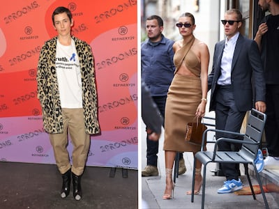 Karla Welch styled Hailey and Justin Bieber for their meeting with French President Emmanuel Macron in 2021. Getty Images