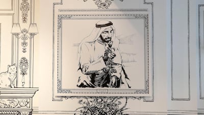 A 2D illustration of Sheikh Zayed bin Sultan Al Nahyan on the wall of the cafe. Pawan Singh / The National