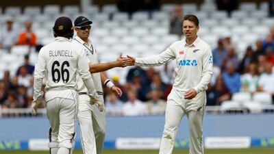 New Zealand bowler Michael Bracewell celebrates after taking the wicket of England's Stuart Broad for nine. Reuters