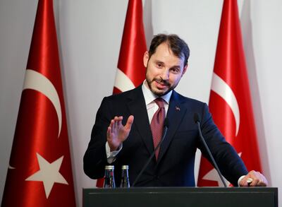 Berat Albayrak, Turkey's Finance and Treasury Minister, son-in-law of President Recep Tayyip Erdogan, speaks about a " new economic model " in Istanbul, Friday, Aug. 10, 2018. AP