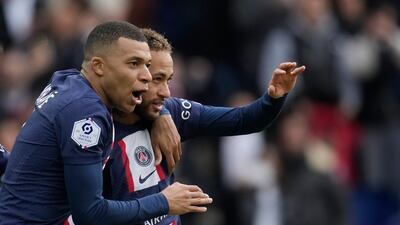 Neyma celebrates with Kylian Mbappe after scoring. AP