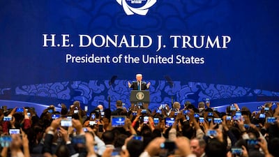 US President Donald Trump speaks on the final day of the APEC CEO Summit, part of the broader Asia-Pacific Economic Cooperation (APEC) leaders' summit. Jim Watson / AFP Photo
