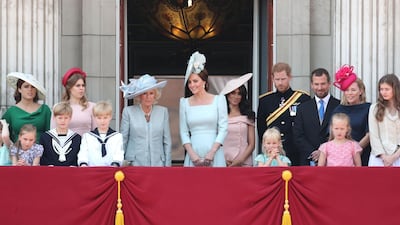 Princess Eugenie, Princess Beatrice, Camilla, Duchess Of Cornwall, Catherine, Duchess of Cambridge, Meghan, Duchess of Sussex, Prince Harry, Duke of Sussex, Peter Phillips, Autumn Phillips, Isla Phillips and Savannah Phillips on the balcony of Buckingham Palace during Trooping The Colour on June 9, 2018 in London, England. The annual ceremony involving over 1400 guardsmen and cavalry, is believed to have first been performed during the reign of King Charles II. The parade marks the official birthday of the Sovereign, even though the Queen's actual birthday is on April 21st. Photo by Chris Jackson / Getty Images