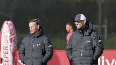 Liverpool manager Jurgen Klopp and assistant Pepijn Lijnders watch the session. Getty