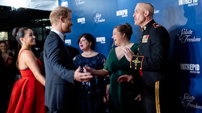 The Duke of Sussex presented the inaugural Intrepid Valor Award to five service members, veterans and their military families. AP