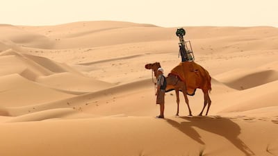 A Google Street View camera is mounted on the back of a camel as the internet giant documents the Liwa Desert. Courtesy Google