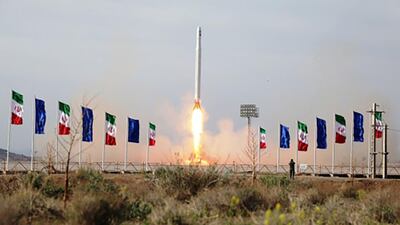An IRGC image shows a military satellite taking off on a Qassed two-stage launcher from the Markazi desert in central Iran AFP