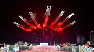 Planes perform an aerial display during a military parade to mark the 90th anniversary of the founding of the Korean People's Revolutionary Army, in Pyongyang, North Korea. Reuters