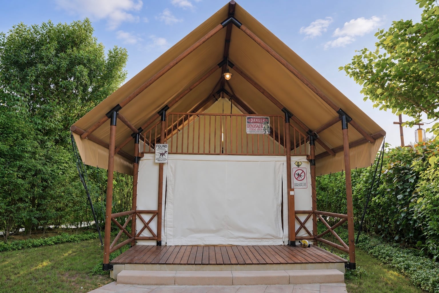 The exterior of the two-storey T-Rex Glamping cabin. Shazia Ahmed / The National