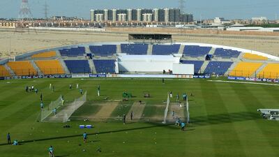 Sri Lanka practise at the Zayed Cricket Stadium in Abu Dhabi on Monday. The Angelo Mathews-led side has been bolstered by the return of some of their experienced players such as Mahela Jayawardene. Ishara S Kodikara / AFP