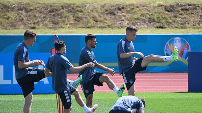 Back row from left: Germany's Lukas Klostermann , Jonas Hofmann, Kevin Volland and Matthias Ginter. AP