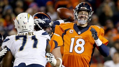 Denver Broncos quarterback Peyton Manning, right, passes against the San Diego Chargers during the second half in an NFL football game, Sunday, Jan. 3, 2016, in Denver. (AP Photo/Jack Dempsey)