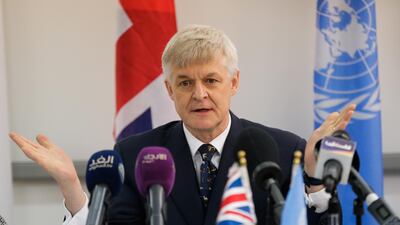 Britain's ambassador in Jordan Edward Oakden gestures during a press conference. EPA