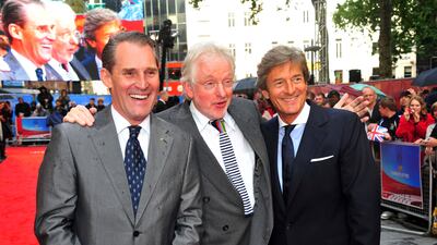 Actor Ben Cross, from left, British filmmaker Hugh Hudson, Nigel Havers appear at the Chariots of Fire Great British Premiere in London in 2012