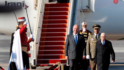 Tunisian President Beji Caid Essebsi, right, welcomes his Iraqi counterpart Barham Salih upon his arrival at Tunis-Carthage international airport. AFP