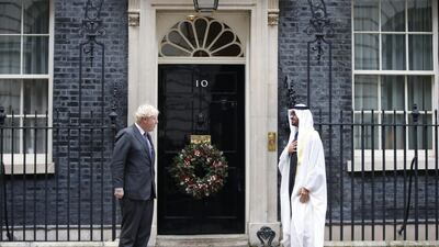 British Prime Minister Boris Johnson (l) and Crown Prince of Abu Dhabi and Deputy Supreme Commander of the Armed Forces, Sheikh Mohamed bin Zayed, agreed to bolster ties between the UK and UAE, in the environmental, infrastructure and defence sectors in particular. AFP