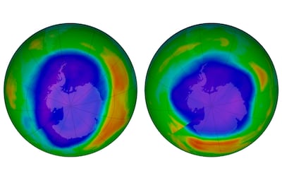 This combination of images made available by Nasa shows areas of low ozone above Antarctica in September 2000, left, and September 2018. AP