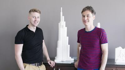 Mark Revels, left, and Brendan Jamison with their model of the Burj Khalifa. Reem Mohammed / The National