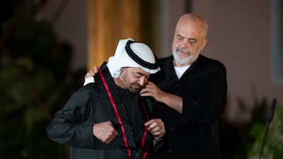 Sheikh Mohamed and Mr Rama during a reception at the Prime Minister's Office in Tirana