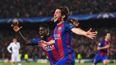 Sergi Roberto celebrates after scoring the goal that sent Barcelona into the quarter-finals. Laurence Griffiths / Getty Images