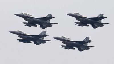 Pakistani Air Force F-16 fighter jets fly in formation during a military parade to mark Pakistan National Day on March 23, 2019. AP Photo