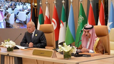 Saudi Foreign Minister Faisal bin Farhan (R) and Arab League Secretary-General Ahmed Aboul Gheit attending the Arab Foreign Ministers Preparatory Meeting ahead of the 32nd Arab League Summit in Jeddah. SPA