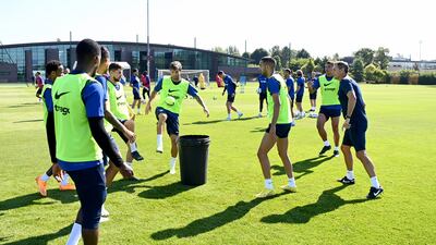 Christian Pulisic, Hakim Ziyech, Thiago Silva, Jorginho, Raheem Sterling, Emerson and Callum Hudson-Odoi of Chelsea in action.