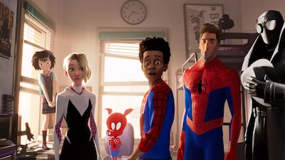 From left, Peni, Spider-Gwen, Spider-Ham, Miles Morales, Peter Parker and Spider-Man Noir. Courtesy Sony Pictures Animation