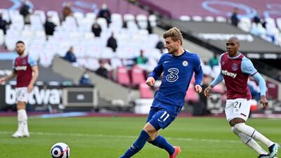 Chelsea's Timo Werner scores against West Ham United in London on Saturday, April 24. EPA
