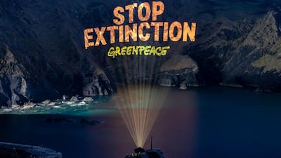 A giant 'Stop Extinction' slogan is projected onto cliffs. Greenpeace