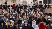 Demonstrators outside Lycee Simone Weil in Paris during a nationwide day of protests by French high school pupils. Getty Images