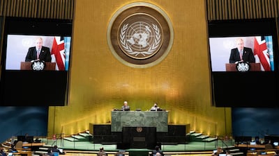 In this photo provided by the United Nations, British Prime Minister, Boris Johnson, speaks in a pre-recorded message which was played during the 75th session of the United Nations General Assembly, September 26, at the UN headquarters. Evan Schneider/UN Photo via AP
