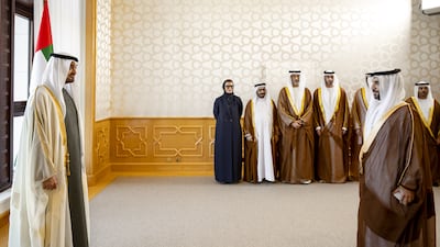 President Sheikh Mohamed accepts the oath of Omar Al Neyadi, UAE ambassador to Costa Rica, during a ceremony for newly appointed envoys. Seen with Sheikh Nahyan bin Saif bin Mohamed; Noura Al Kaabi, Minister of State; Khalifa Al Marar, Minister of State and Saeed Al Hajeri, Minister of State. Omar Al Askar / UAE Presidential Court